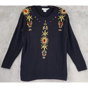 Premiere Sweater Womens Large Black Gold Embroidered Gem Wool Blend Vintage